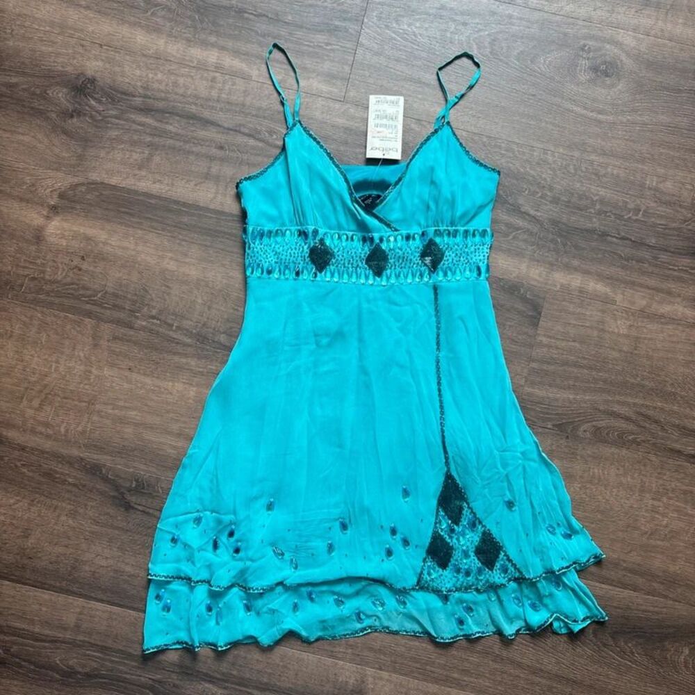 Vintage Y2K bebe Blue V-Neck Sleeveless Mini Silk Gown Dress Beaded Size S